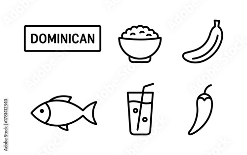 Dominican food icons set featuring rice, plantain, fish, beverage, and chili in linear style