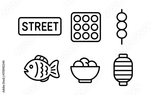 Japanese street food icons: dango, lantern, fish, takoyaki, line art