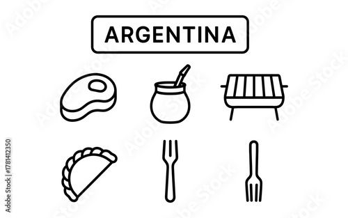 Argentine cuisine icons: mate, steak, empanada, grill, fork in line style
