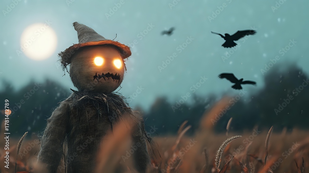 Naklejka premium Eerie scarecrow with glowing eyes stands in autumn field at dusk as ravens fly against moody sky with full moon, creating haunting Halloween atmosphere.