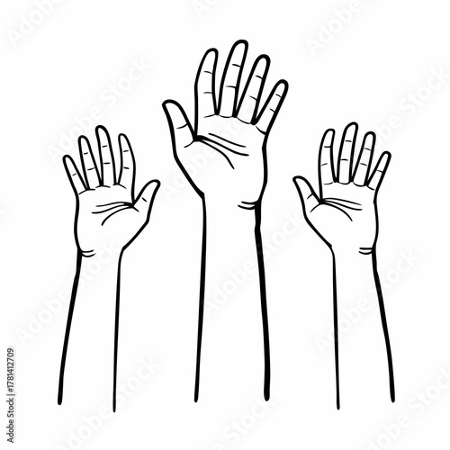 Three raised hands in a line illustration