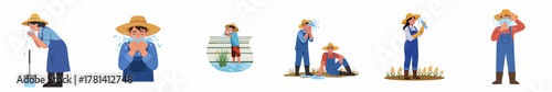 Cartoon Style Various Farmer Activities with Straw Hat Illustration Set