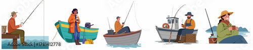 Cartoon Diverse People Fishing on Different Boats and Pier Illustration