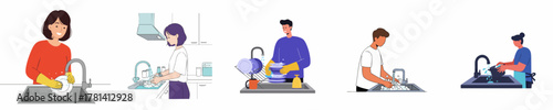 Flat Illustration People Washing Dishes and Pots with Soap in Sink