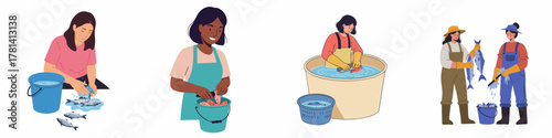 Flat Diverse Character Cleaning Fish Preparation Fresh Catch Illustration