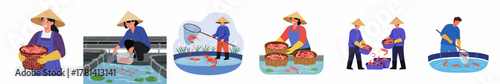 Simple Flat Illustration Fish Farmers Harvesting and Raising Fish with Traditional Hat