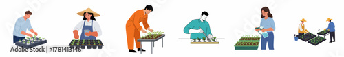 Flat Style Diverse Farmers Planting and Cultivating Seedlings Illustration Set