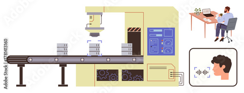Automated assembly line sorting packages, connected to remote monitoring workstation and voice recognition systems. Ideal for innovation, technology, automation, logistics, AI, smart systems, smart