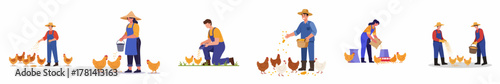 Minimalist Illustration of Farmer Feeding Chicken Activities on Farm Land Scene