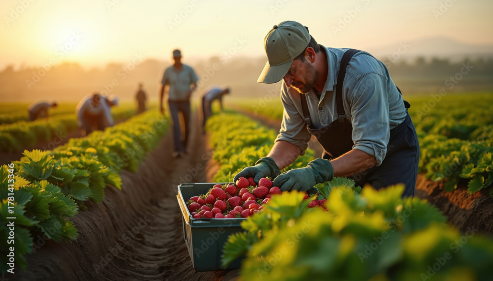 Obraz premium Farm workers pick ripe strawberries during sunrise in a vast green field. Men gather fresh red fruit into crates. Cultivation shows healthy plants ready for picking. Rural agriculture scene.
