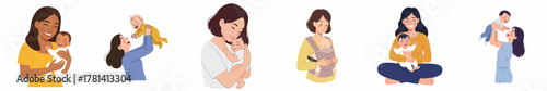 Flat Illustration Diverse Happy Mother Holding Baby in Various Poses