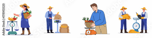 Flat Illustration of Farmers Weighing Crops and Produce on Scales
