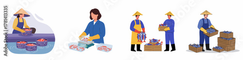 Flat Illustration Set Showing Seafood and Fruit Processing and Packaging Workers