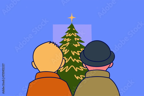 Minimalist Illustration: Two Men Admiring a Star-Topped Christmas Tree Outdoors
