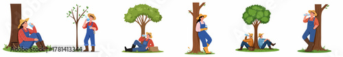 Flat Style Characters of Farmer Man Taking a Break Under Tree Illustration