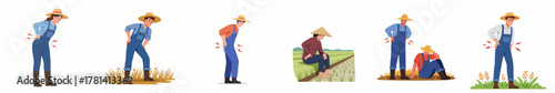 Cartoon Illustration Set of Tired Farmer with Back Pain Agriculture Concept