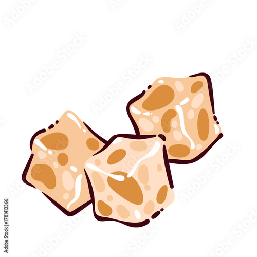Traditional Turkish nougat sweets with nuts, drawn in warm caramel tones and simple cartoon style reflecting oriental confectionery culture, vector illustration.