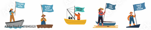 Flat Illustration Collection of People Protesting for Ocean Protection on Boat