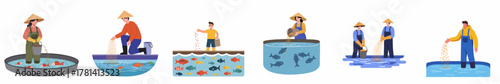 Flat Design Illustration of Fish Farming and Fishery Activity Set