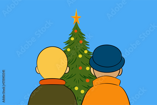 Minimalist Illustration: Two Men Admiring Decorated Christmas Tree Outdoors