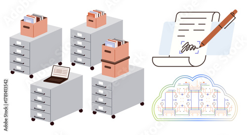 File cabinets with folders, cloud computing icon, document signing, and a laptop. Ideal for data organization, cloud storage, digital transformation, office workflow efficiency, digital signature