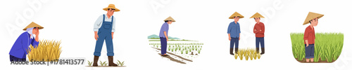 Cartoon Depiction of Farmers in Rice Field with Straw Hats Illustration