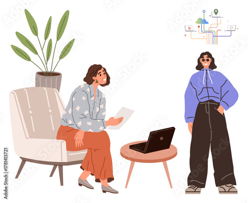 Woman seated holding a document while another stands near a potted plant and digital network icons nearby. Ideal for brainstorming, collaboration, innovation, creative solutions, teamwork