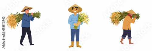 Flat Illustration Set of Asian Farmer Carrying Rice Harvest Character Design