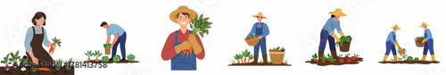 Flat Style Different Vegetable Harvesting Illustration with Happy Farmer Characters