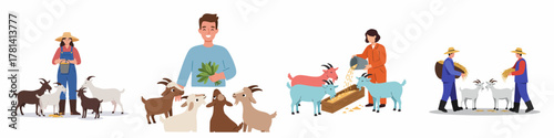 Cartoon Style Illustration Various Scenes of People Working on a Goat Farm