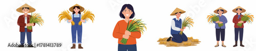 Colorful Cartoon Illustration of Farmers with Rice Harvest Agriculture Activity