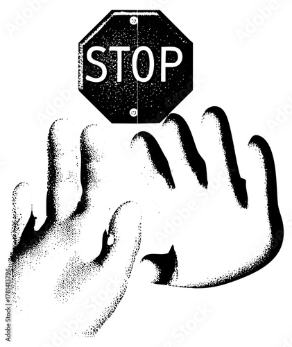 Stop sign looms over coiled snake in urban environment