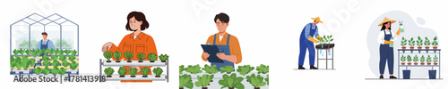 Flat Illustration Hydroponics Farmers Cultivating Plants in a Greenhouse Agricultural Concept