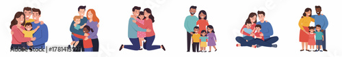 Flat Illustration Diverse Happy Family with Kids and Parents Set