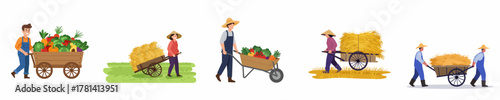 Colorful Cartoon Farmers Pushing and Pulling Various Carts Illustration