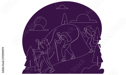 Vector Design Filled Color Hikers Ascending Hill with Backpacks and Trekking Poles under Sun and Clouds
