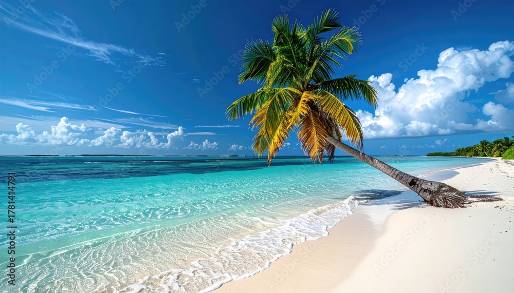 Fototapeta premium Serene Tropical Beach Shoreline at Sunset With Two Palm Trees Leaning Over Pastel Colored Ocean Water and White Sandy Beach in Paradise