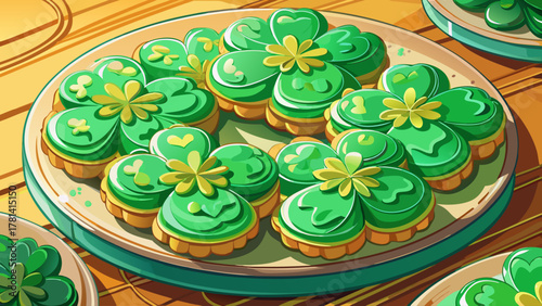 Very beautiful overhead view of green frosted shamrock cookies neatly arranged on a glass plate, with vibrant icing, delicate texture, and warm natural light creating a realistic festive dessert scene