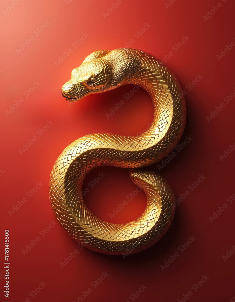 Obraz premium Golden snake figure curves on red background. Symmetrical composition evokes Chinese zodiac theme. Elegant, minimalist design suitable for celebratory or luxury concepts. Luxurious metallic texture.
