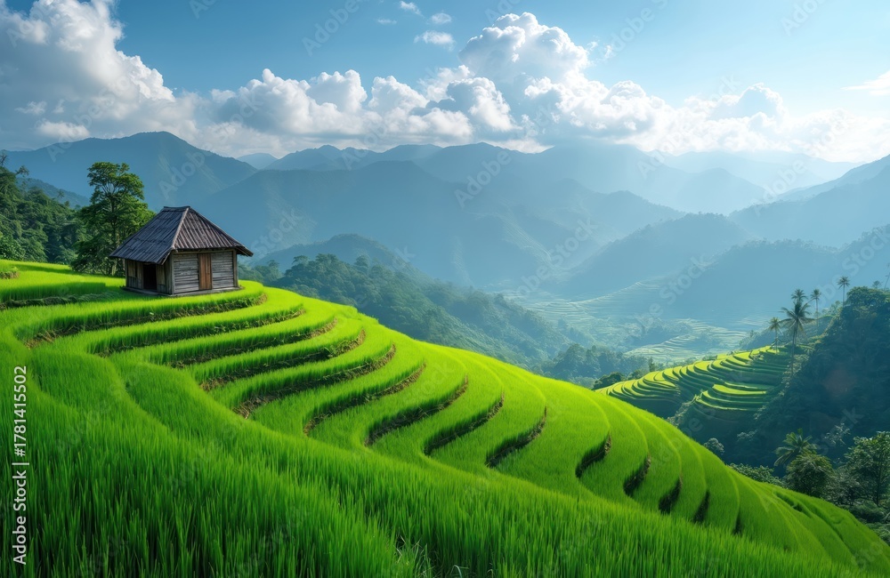 Obraz premium Vast green rice fields cascade down Asian mountainside. Tiny wooden hut rests on terraced paddy fields under blue sky with clouds. Majestic serene landscape offers peaceful countryside retreat.