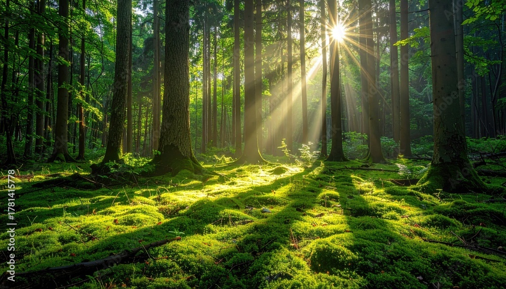 Fototapeta premium Sunlight Streams Through Lush Green Forest Canopy Creating Dramatic Light Rays on Mossy Ground Below at Sunrise