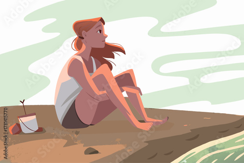 Redhead Woman Sitting by the Sea with Beach Toys