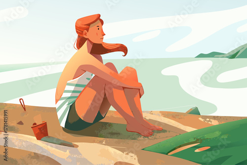 Serene Redhead Woman Relaxing on Sandy Beach, Gazing at the Sea