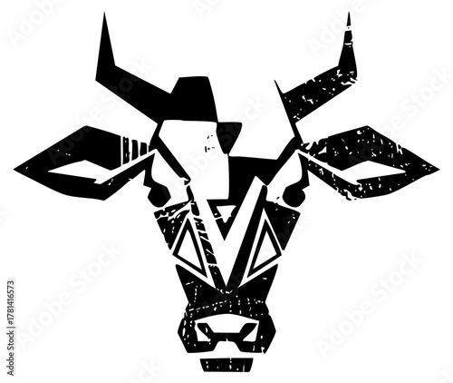 Bull head confronts aggressively in geometric design