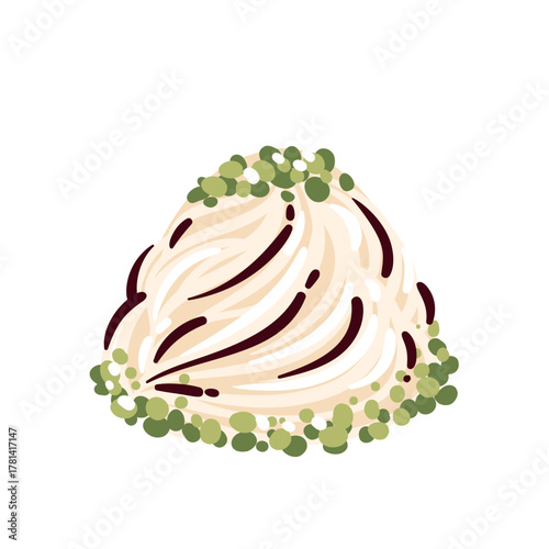 Traditional Turkish pismaniye sweet dessert with thin sugar strands and pistachio topping, symbol of Turkish confectionery culture and oriental sweets tradition, vector illustration.