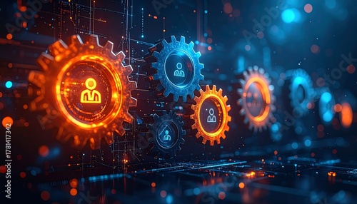 Abstract Illustration of Glowing Gears and User Symbols Working Together in a Digital Network System