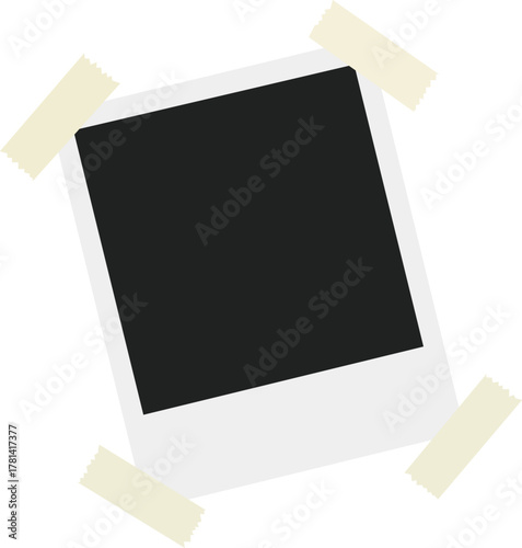 Realistic empty photo card frame, film set. Retro vintage photograph with transparent adhesive tape and paper clip. Digital snapshot image. Template or mockup for design. Vector illustration.