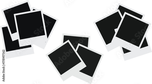 Realistic empty photo card frame, film set. Retro vintage photograph with transparent adhesive tape and paper clip. Digital snapshot image. Template or mockup for design. Vector illustration.