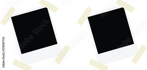 Realistic empty photo card frame, film set. Retro vintage photograph with transparent adhesive tape and paper clip. Digital snapshot image. Template or mockup for design. Vector illustration.