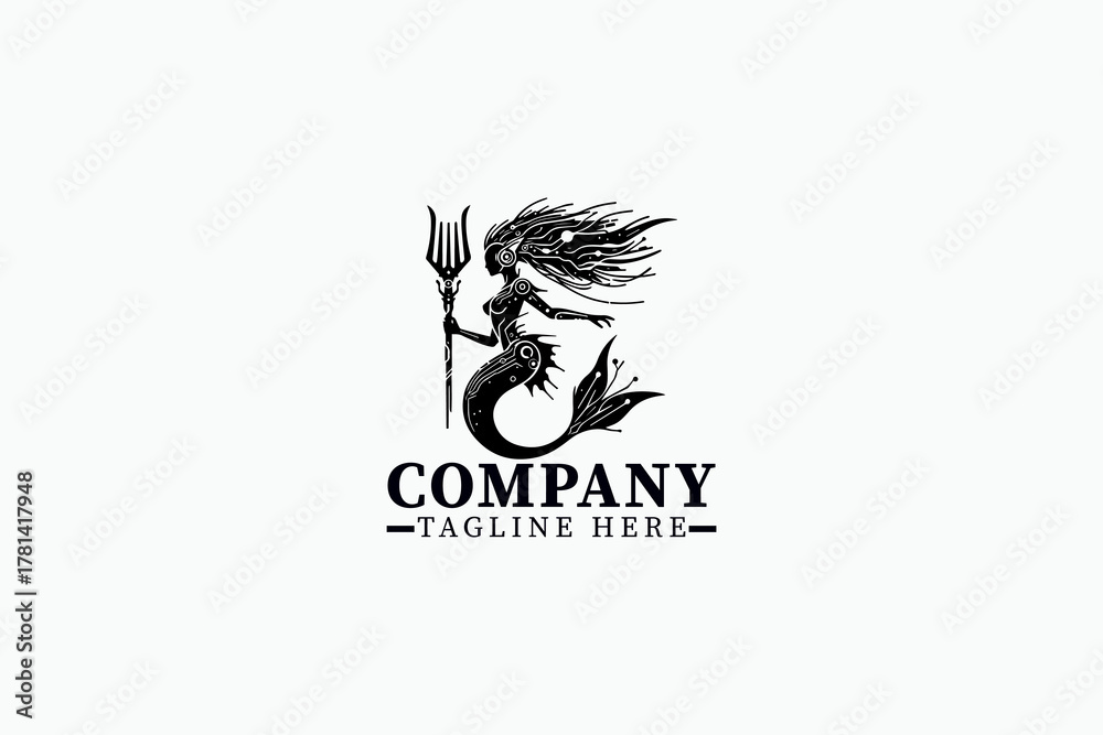 Fototapeta premium Cyber Mermaid Warrior Vector Logo – Futuristic Black and White Silhouette of Sci-Fi Mermaid Goddess Holding Trident with Tech Halo and Digital Elements, Modern Ocean Fantasy Illustration for Branding 